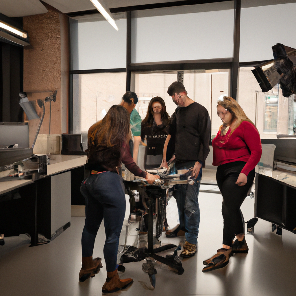 Academic support team helping students with media equipment in a bright Toronto campus office